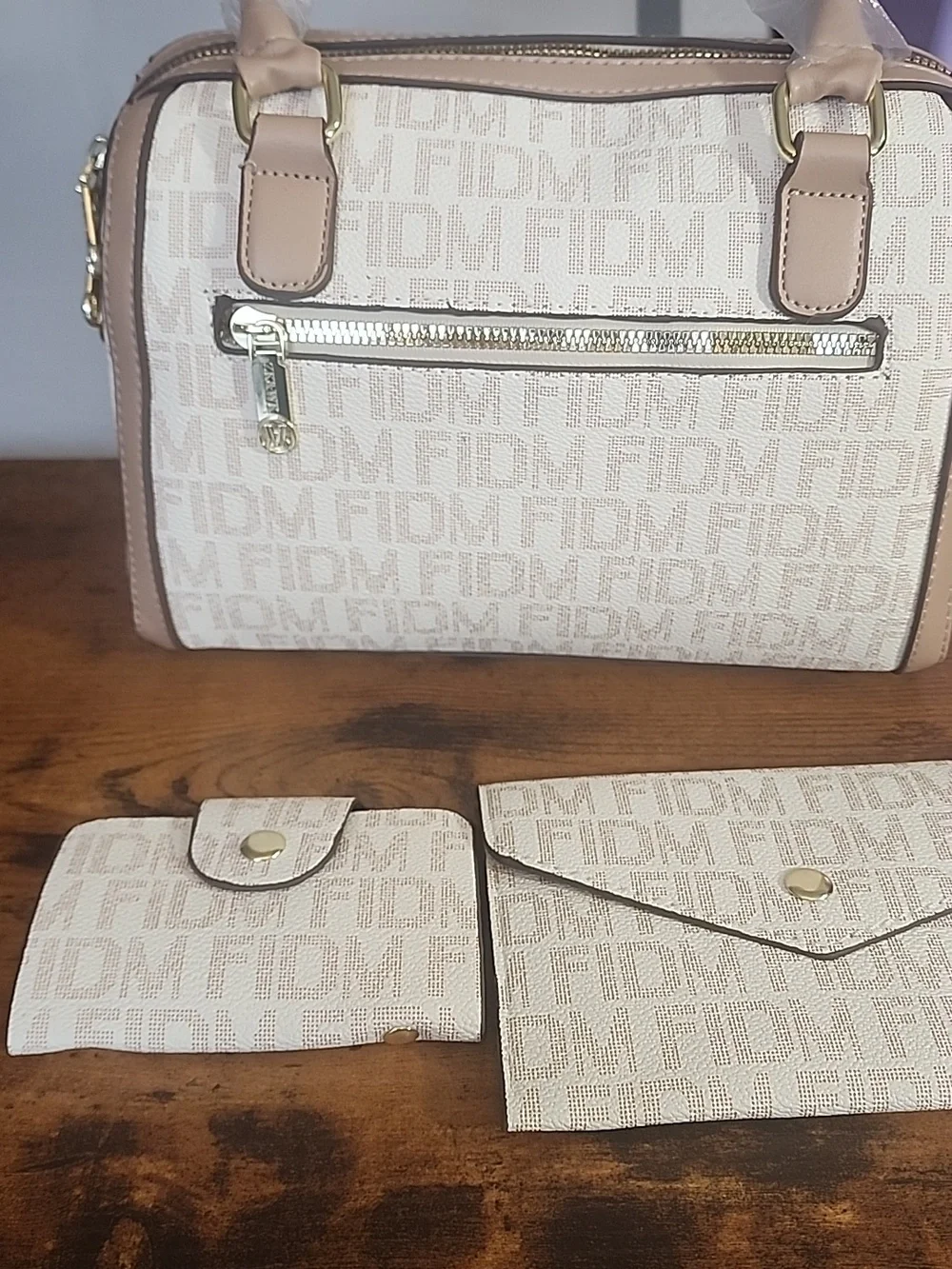 Beige Logo-Print Women’s Satchel and Wallet Set 3pcs Set Women's Fashion printed